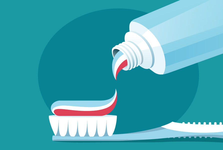 Illustration of a smear of red, white, and blue toothpaste from a blue tube of toothpaste against a teal background, dentist in Hot Springs Village