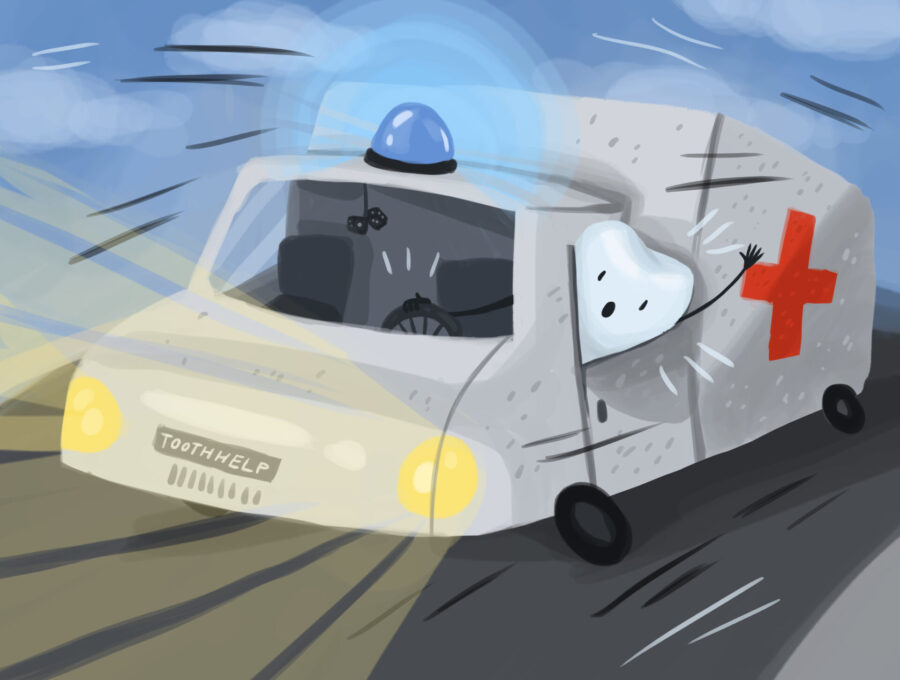 graphic illustration of tooth in an emergency vehicle, dental emergency
