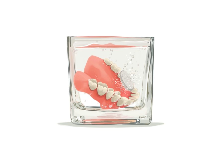 dentures soaking in glass of denture cleaner for denture care